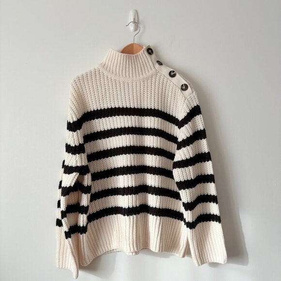 Zara Striped Knit Sweater Button Sleeve White Ecru Black Size Medium - Picture 4 of 8